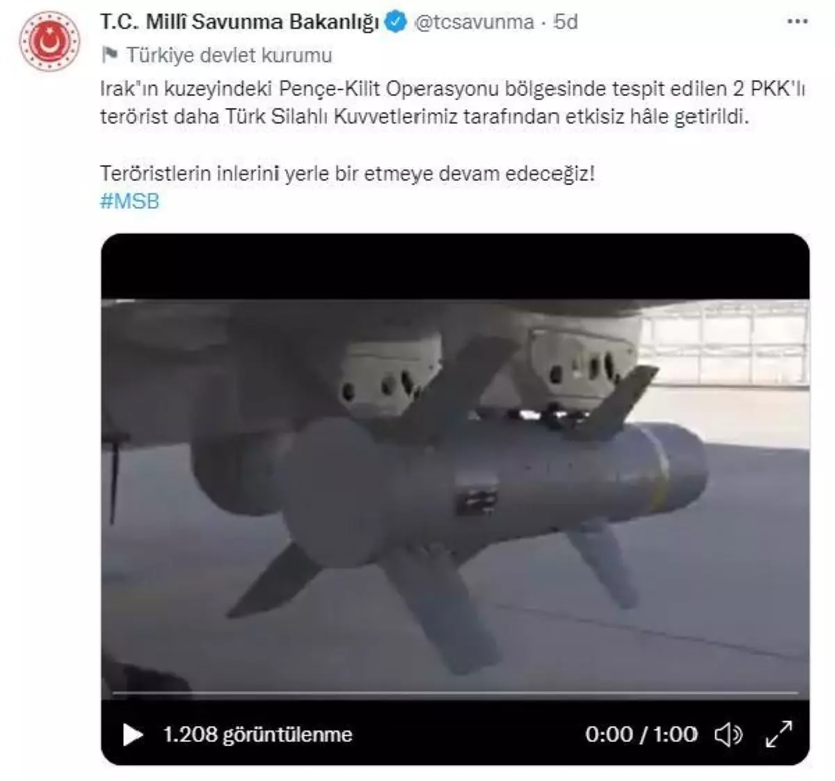 MSB: Irak'ın kuzeyinde 2 terörist etkisiz hale getirildi