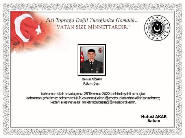 Pençe Kilit operasyonunda teröristlerce açılan taciz ateşinde bir asker şehit oldu