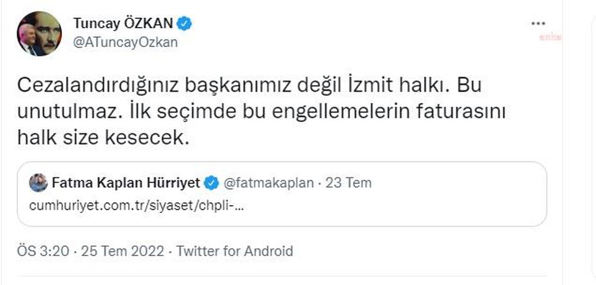 Tuncay Özkan\'dan Başkan Hürriyet\'e Destek: "Başkanı Değil İzmit Halkını Cezalandırıyorsunuz"