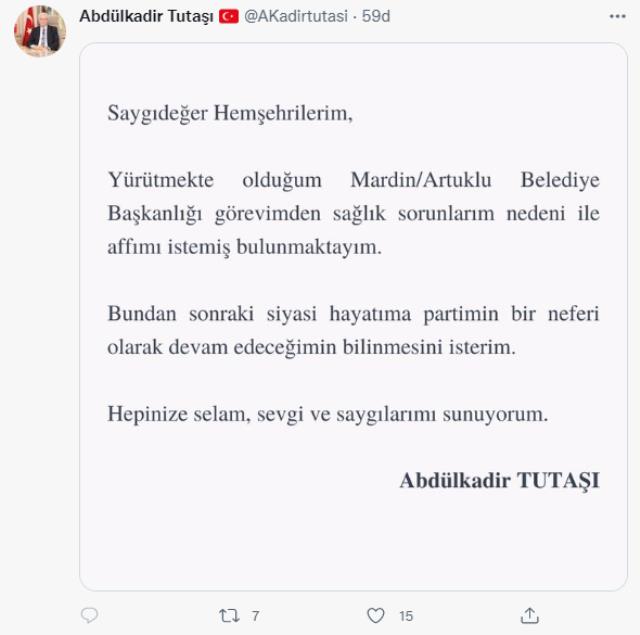 AK Partili Artuklu belediye başkanı Abdülkadir Tutaşı görevinden istifa etti
