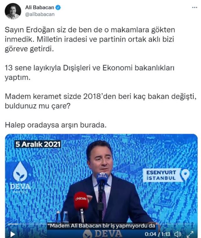 Ali Babacan'dan Erdoğan'ın 'Onlar o makamı layık oldukları için gelmediler' çıkışına yanıt Ali Babacan'dan Erdoğan'ın 'Onlar o makamı layık oldukları için gelmediler' çıkışına yanıt