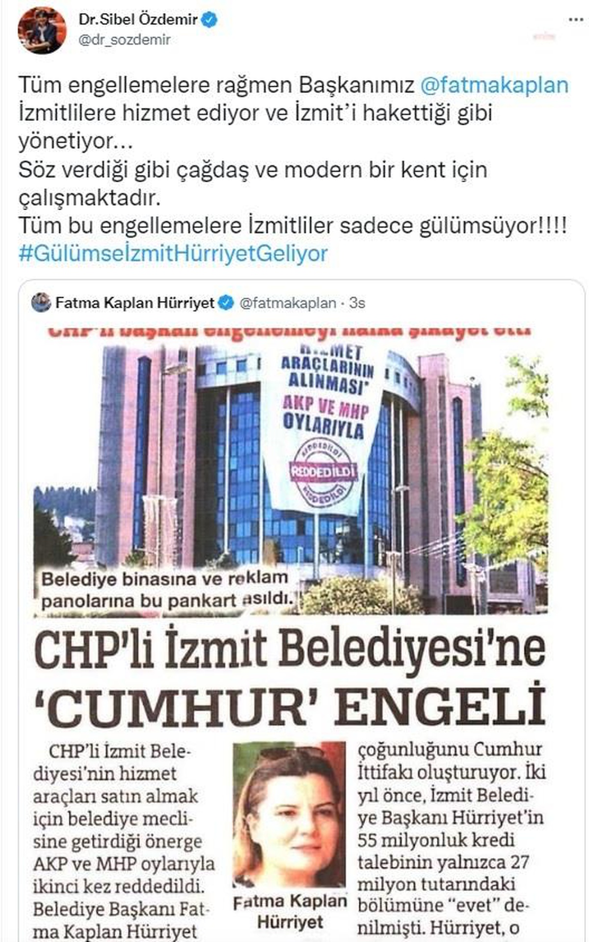 CHP İstanbul Milletvekili Sibel Özdemir\'den İzmit Belediye Başkanı Hürriyet\'e Destek