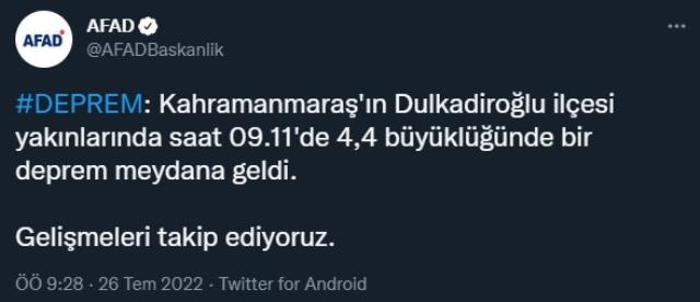 Son Dakika: Kahramanmaraş'ta 4,4 büyüklüğünde deprem Son Dakika: Kahramanmaraş'ta 4,4 büyüklüğünde deprem