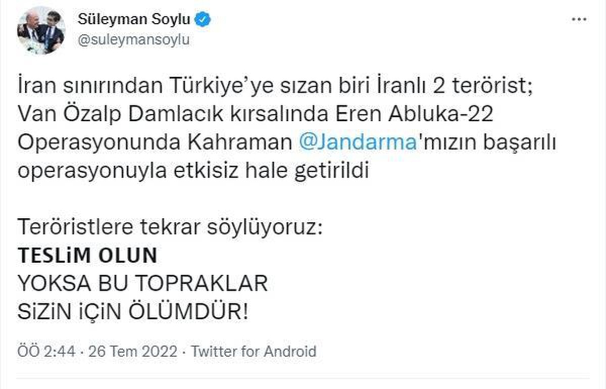 Bakan Soylu: "İran sınırından Türkiye\'ye sızan biri İranlı 2 terörist etkisiz hale getirildi"