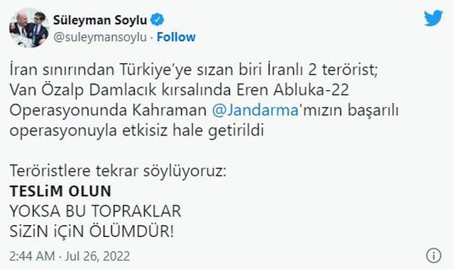 Türkiye'ye sızan teröristler etkisiz hale getirildi! Haberi Bakan Süleyman soylu duyurdu Türkiye'ye sızan teröristler etkisiz hale getirildi! Haberi Bakan Süleyman soylu duyurdu