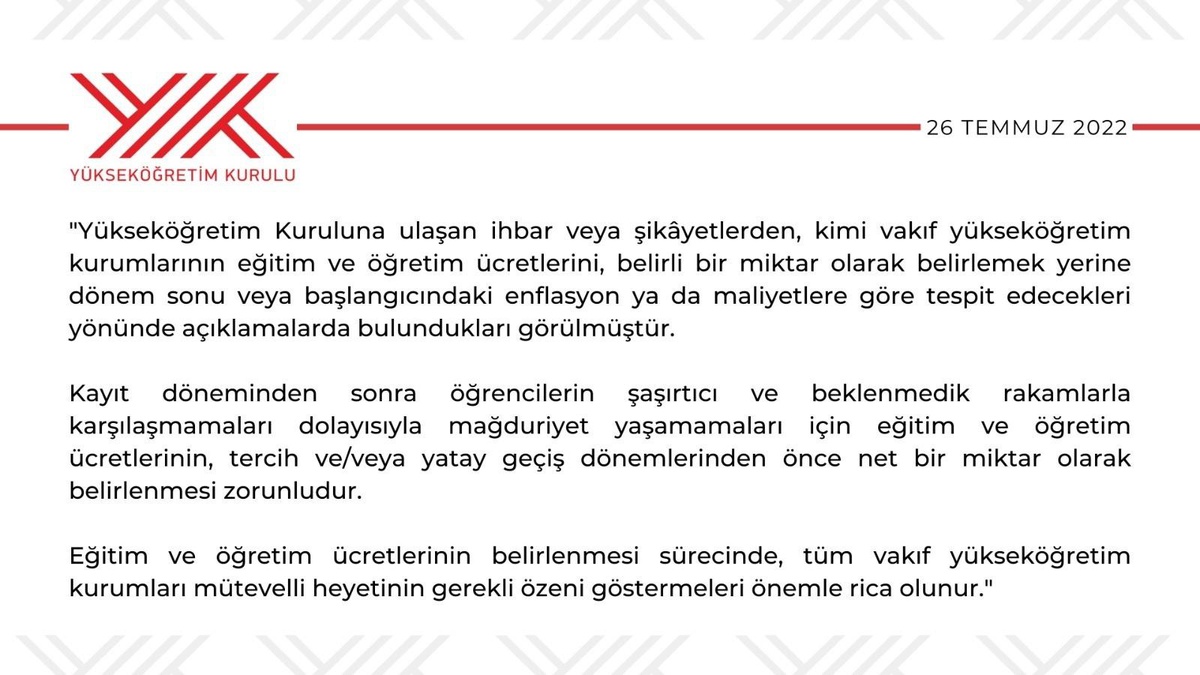 YÖK\'ten vakıf yükseköğretim kurumlarına "eğitim ücreti" uyarısı