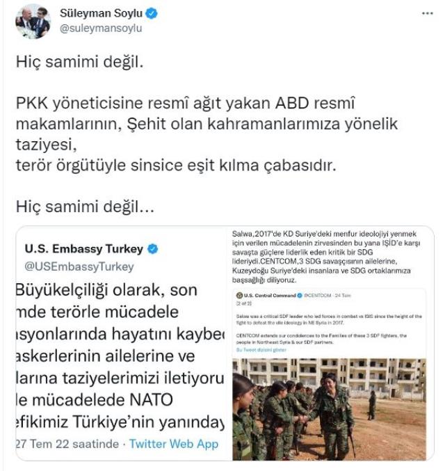 Bakan Soylu'dan önce teröristler sonra da şehitlerimiz için taziye mesajı yayınlayan ABD'ye sert tepki: Hiç samimi değil Bakan Soylu'dan önce teröristler sonra da şehitlerimiz için taziye mesajı yayınlayan ABD'ye sert tepki: Hiç samimi değil