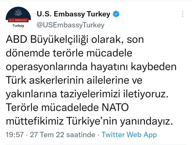 Bakan Soylu'dan önce teröristler sonra da şehitlerimiz için taziye mesajı yayınlayan ABD'ye sert tepki: Hiç samimi değil Bakan Soylu'dan önce teröristler sonra da şehitlerimiz için taziye mesajı yayınlayan ABD'ye sert tepki: Hiç samimi değil