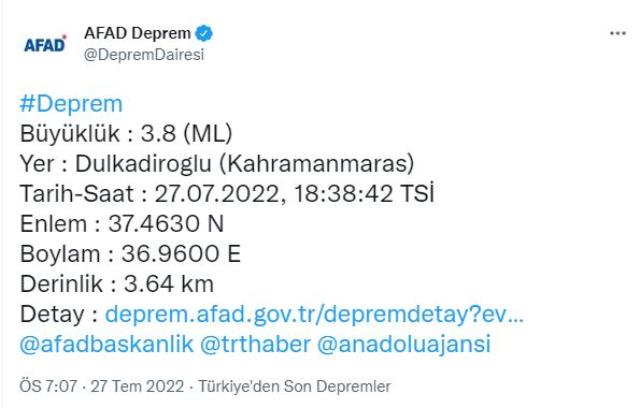 Kahramanmaraş'ta 3.8 büyüklüğünde deprem