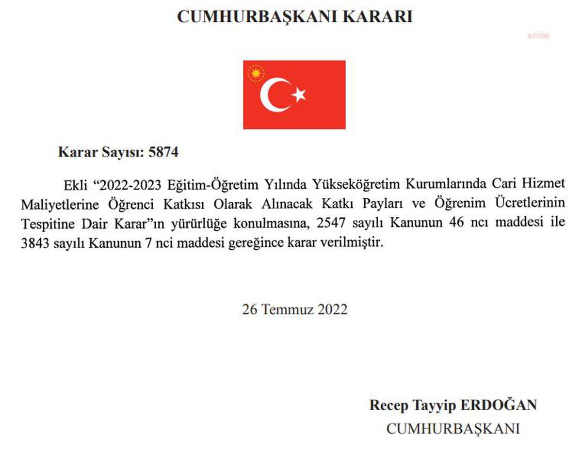 Üniversite Katkı Payları ve Öğrenim Ücretlerine Zam Kararı, Resmi Gazete\'de