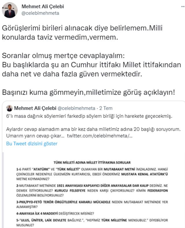 Altılı masanın cevaplamadığı 20 soruyu ısrarla soran Mehmet Ali Çelebi: Cumhur İttifakı daha fazla güven veriyor Altılı masanın cevaplamadığı 20 soruyu ısrarla soran Mehmet Ali Çelebi: Cumhur İttifakı daha fazla güven veriyor