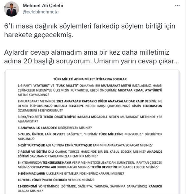 Altılı masanın cevaplamadığı 20 soruyu ısrarla soran Mehmet Ali Çelebi: Cumhur İttifakı daha fazla güven veriyor Altılı masanın cevaplamadığı 20 soruyu ısrarla soran Mehmet Ali Çelebi: Cumhur İttifakı daha fazla güven veriyor