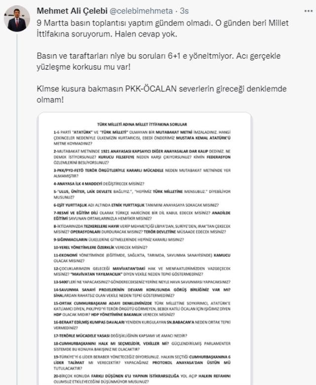 Altılı masanın cevaplamadığı 20 soruyu ısrarla soran Mehmet Ali Çelebi: Cumhur İttifakı daha fazla güven veriyor Altılı masanın cevaplamadığı 20 soruyu ısrarla soran Mehmet Ali Çelebi: Cumhur İttifakı daha fazla güven veriyor