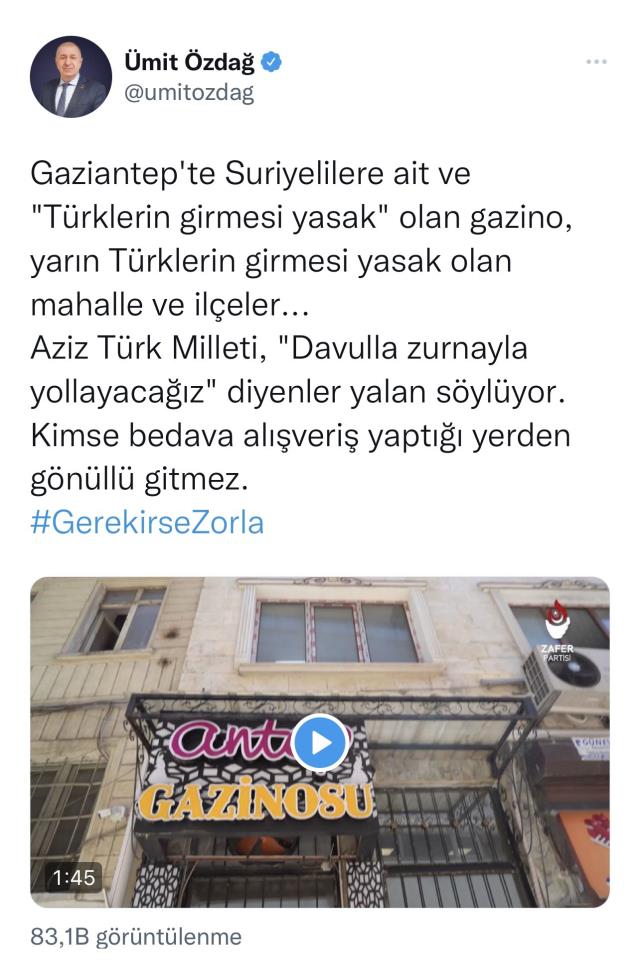 Ümit Özdağ, 'Buraya Türklerin girmesi yasak' dediği gazinonun sahibi Türk çıkınca paylaşımını sildi Ümit Özdağ, 'Buraya Türklerin girmesi yasak' dediği gazinonun sahibi Türk çıkınca paylaşımını sildi