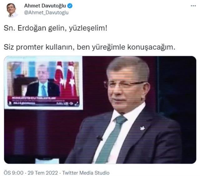 Ahmet Davutoğlu'ndan Erdoğan'a Çağrı: 'Gelin, Yüzleşelim! Siz Prompter Kullanın, Ben Yüreğimle Konuşacağım' Ahmet Davutoğlu'ndan Erdoğan'a Çağrı: 'Gelin, Yüzleşelim! Siz Prompter Kullanın, Ben Yüreğimle Konuşacağım'