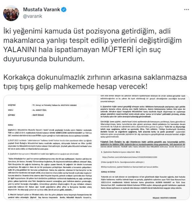 Bakan Varank, Özdağ ile sosyal medyada yaşadığı tartışmayı mahkemeye taşıdı: Gelip hesap verecek Bakan Varank, Özdağ ile sosyal medyada yaşadığı tartışmayı mahkemeye taşıdı: Gelip hesap verecek