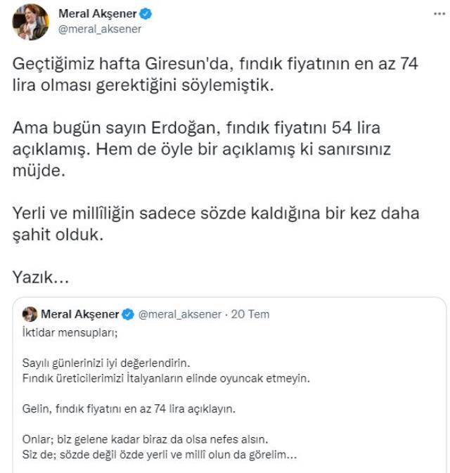 Akşener'den Cumhurbaşkanı Erdoğan'ın açıkladığı fındık alım fiyatına tepki: Sanırsınız müjde Akşener'den Cumhurbaşkanı Erdoğan'ın açıkladığı fındık alım fiyatına tepki: Sanırsınız müjde