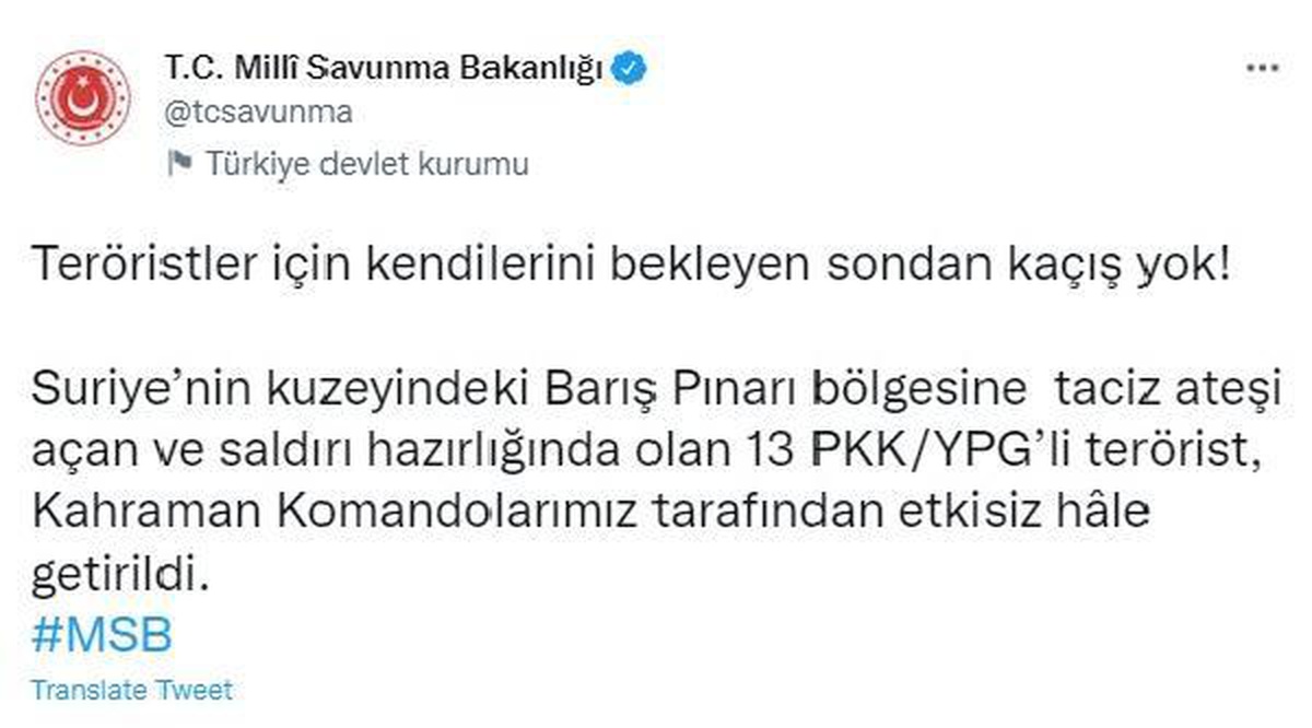 MSB:  13 PKK/YPG\'li terörist etkisiz hale getirildi