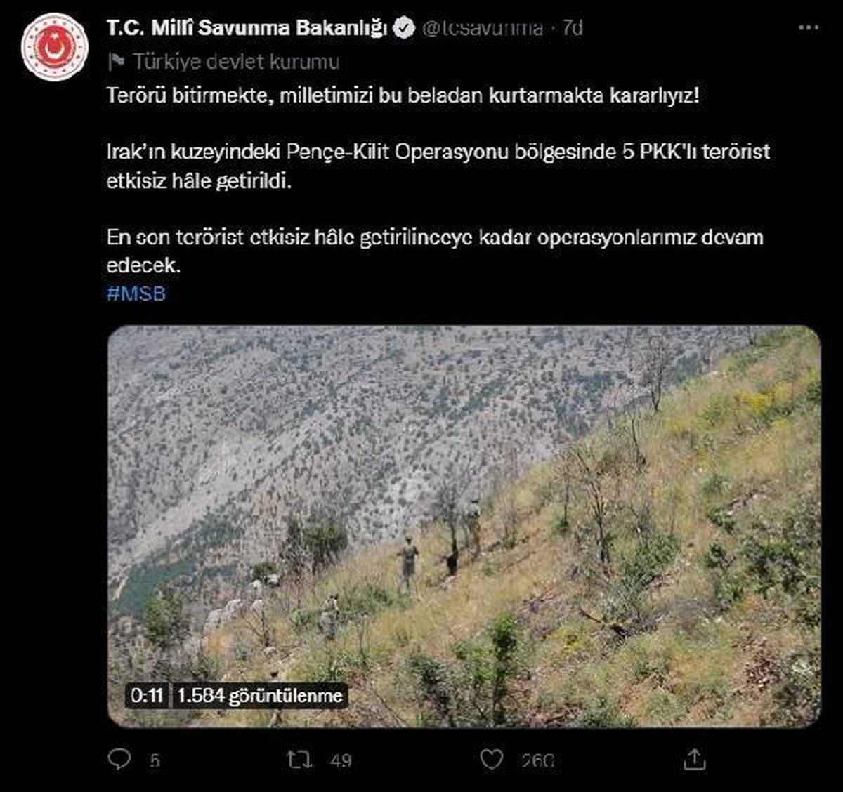 MSB: 5 PKK\'lı terörist etkisiz hale getirildi