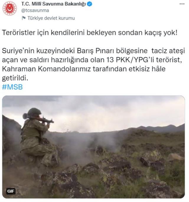 Son dakika haberi... Barış Pınarı bölgesinde 13 terörist etkisiz hale getirildi Son dakika haberi... Barış Pınarı bölgesinde 13 terörist etkisiz hale getirildi