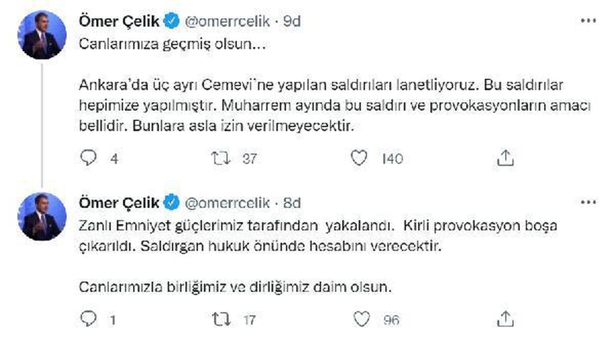 AK Parti\'li Çelik, cemevlerine saldırıyı lanetledi