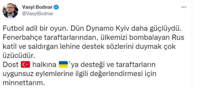 Ali Koç'un 'Fenerbahçe'den özür dilemeli' dediği Ukrayna Büyükelçisi Bodnar'dan cevap gecikmedi