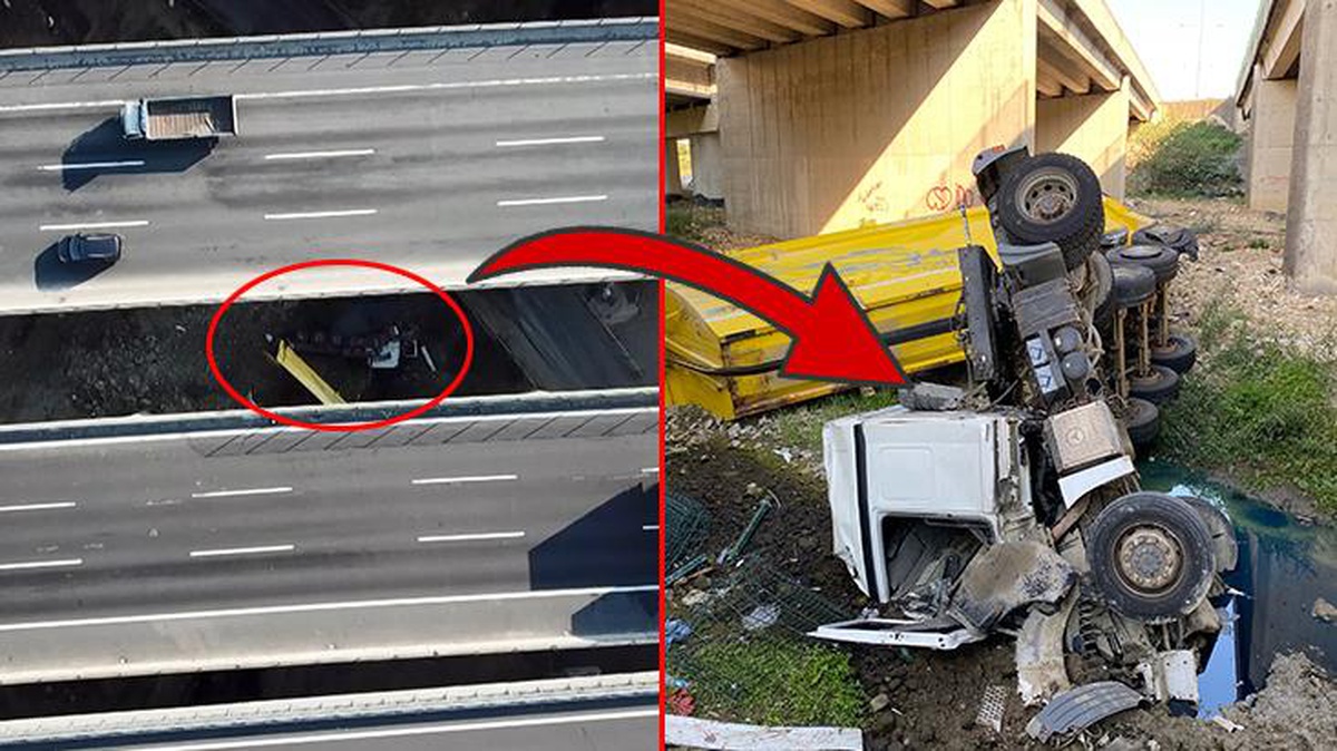 Hafriyat kamyonu 20 metre yükseklikten düştü! Şoför mucize eseri kurtuldu