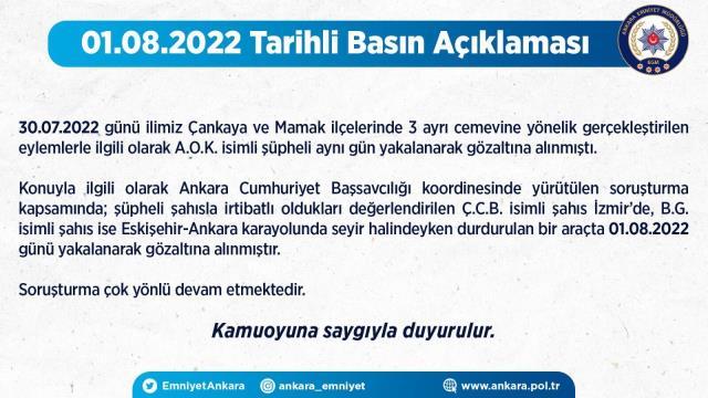 Ankara'daki cemevlerine yönelik saldırılara ilişkin 2 kişi daha gözaltına alındı Ankara'daki cemevlerine yönelik saldırılara ilişkin 2 kişi daha gözaltına alındı