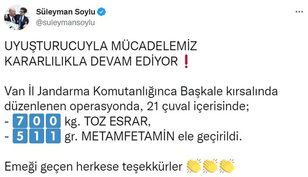 Bakan Soylu: Van\'da 700 kilo toz esrar ele geçirildi