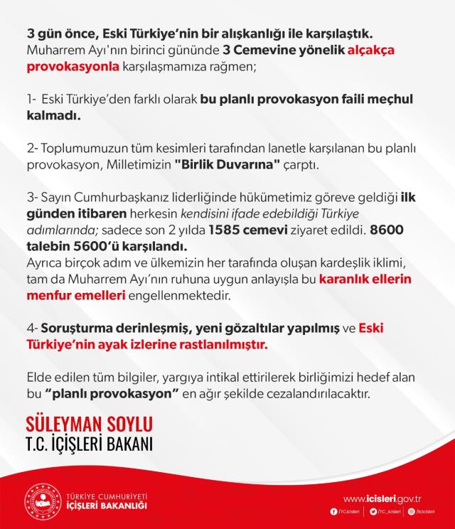 Cemevi saldırılarıyla ilgili Bakan Soylu'dan dikkat çeken çıkış: Eski Türkiye'nin ayak izlerine rastlandı Cemevi saldırılarıyla ilgili Bakan Soylu'dan dikkat çeken çıkış: Eski Türkiye'nin ayak izlerine rastlandı