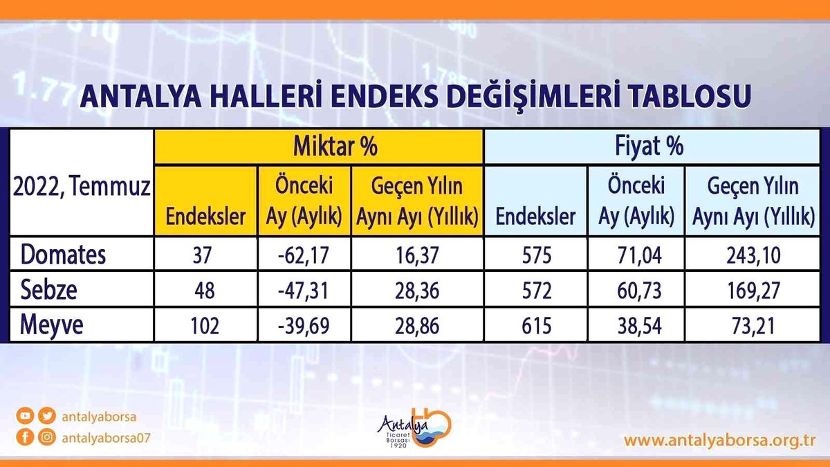 Antalya Ticaret Borsası Temmuz ayı hal endeksini açıkladı