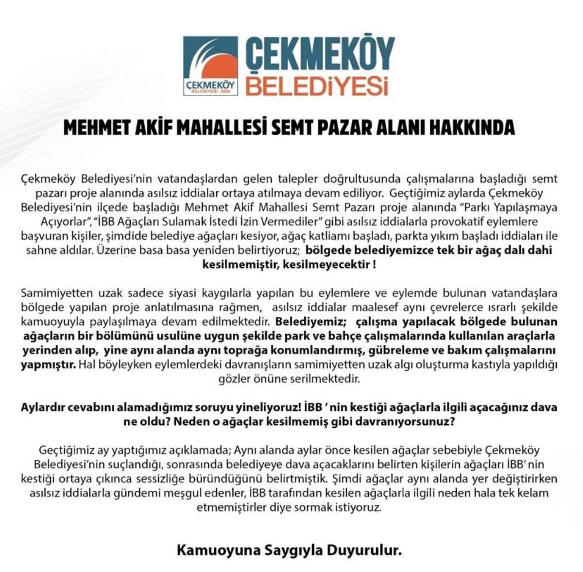 Çekmeköy Belediyesi\'nden \'ağaçlar kesiliyor\' iddialarına ilişkin açıklama