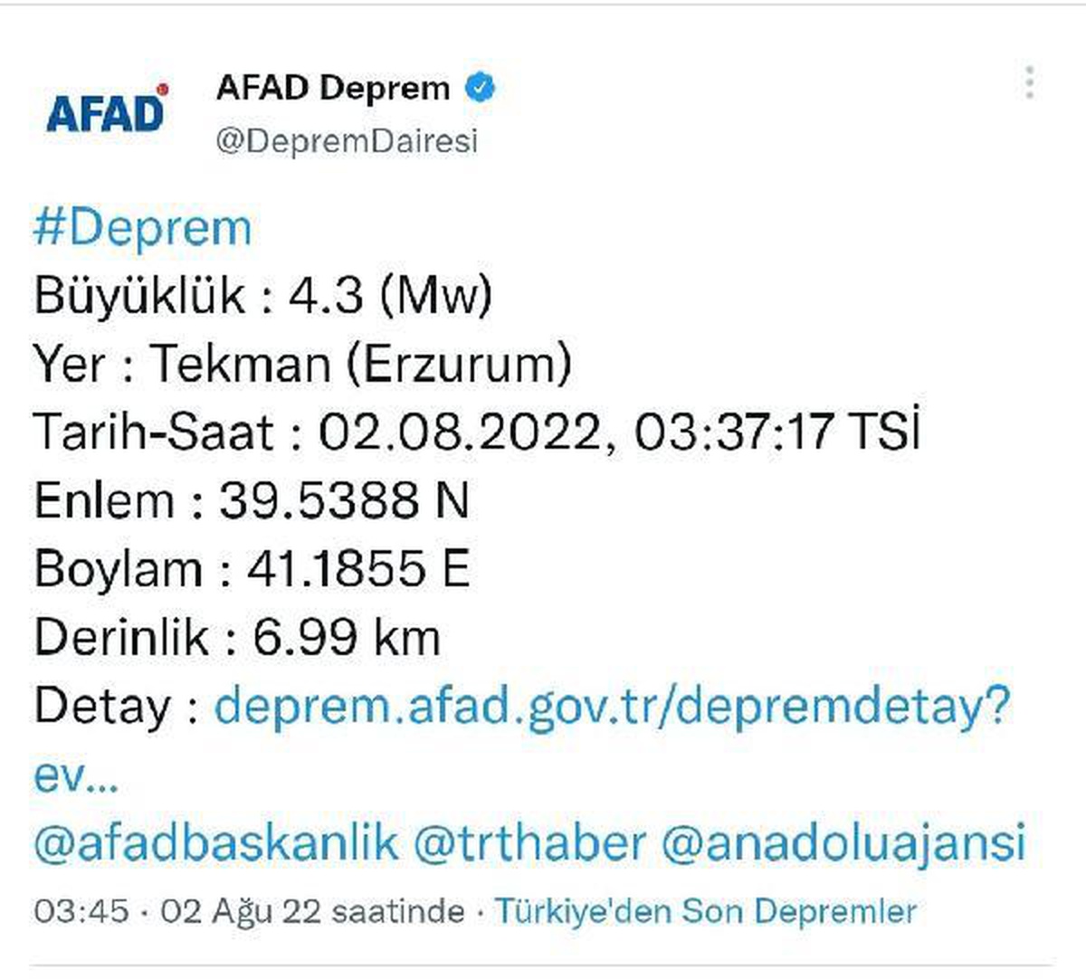 Erzurum\'da 4.3 büyüklüğünde deprem