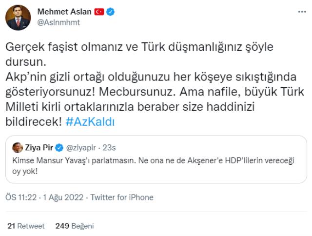 İYİ Parti GİK üyesi Mehmet Aslan, HDP'yi AK Parti'nin gizli ortağı ilan etti: Büyük Türk Milleti size haddinizi bildirecek