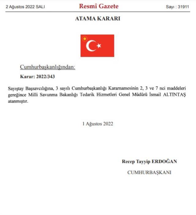 Sayıştay Başsavcılığı'na Milli Savunma Bakanlığı Tedarik Hizmetleri Genel Müdürü İsmail Altıntaş atandı