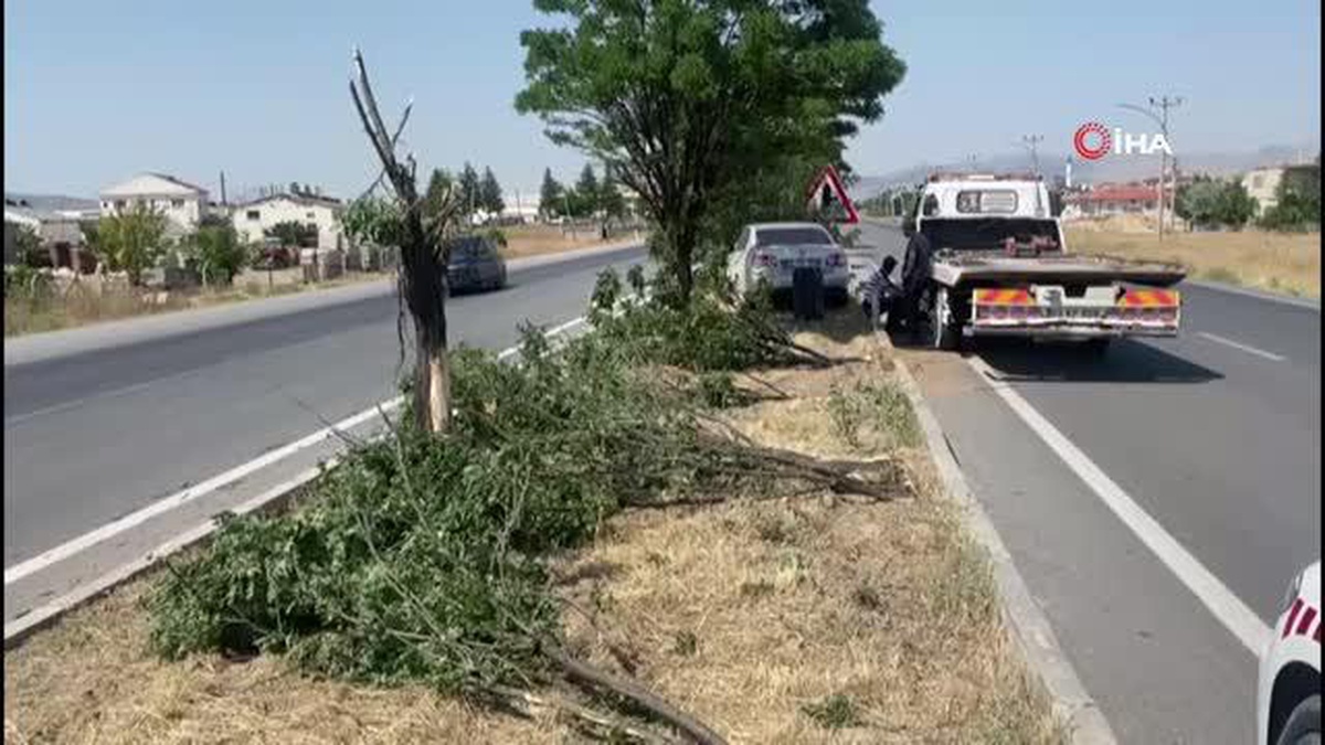 Refüje girip ağaçları yıkan otomobilde anne ve oğlu yaralandı