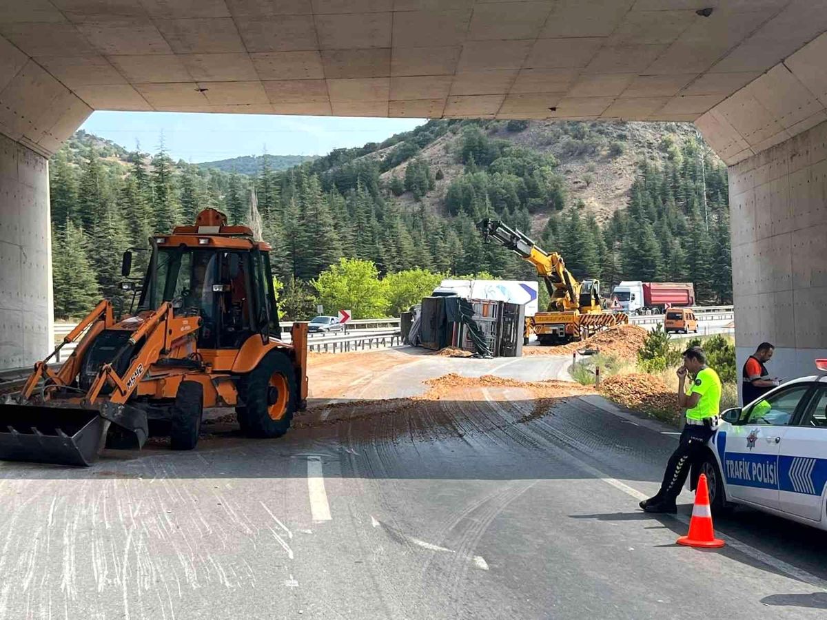 Virajı alamayan kamyon yan yattı