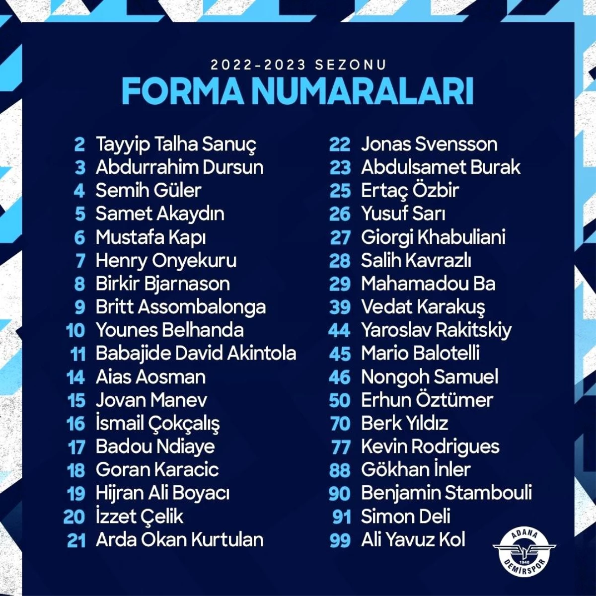 Adana Demirspor\'da futbolcuların yeni sezon forma numaraları belli oldu