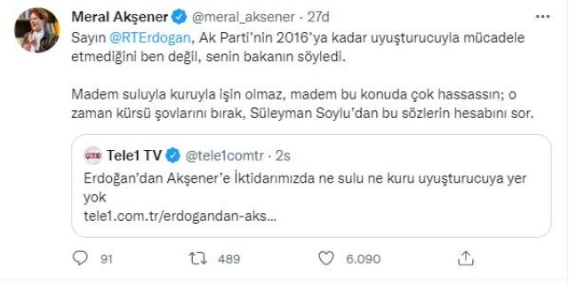 Akşener, Cumhurbaşkanı Erdoğan'ın 'Uyuşturucunun iktidarımızda yeri yok' ifadesine Bakan Soylu'nun sözüyle yanıt verdi Akşener, Cumhurbaşkanı Erdoğan'ın 'Uyuşturucunun iktidarımızda yeri yok' ifadesine Bakan Soylu'nun sözüyle yanıt verdi