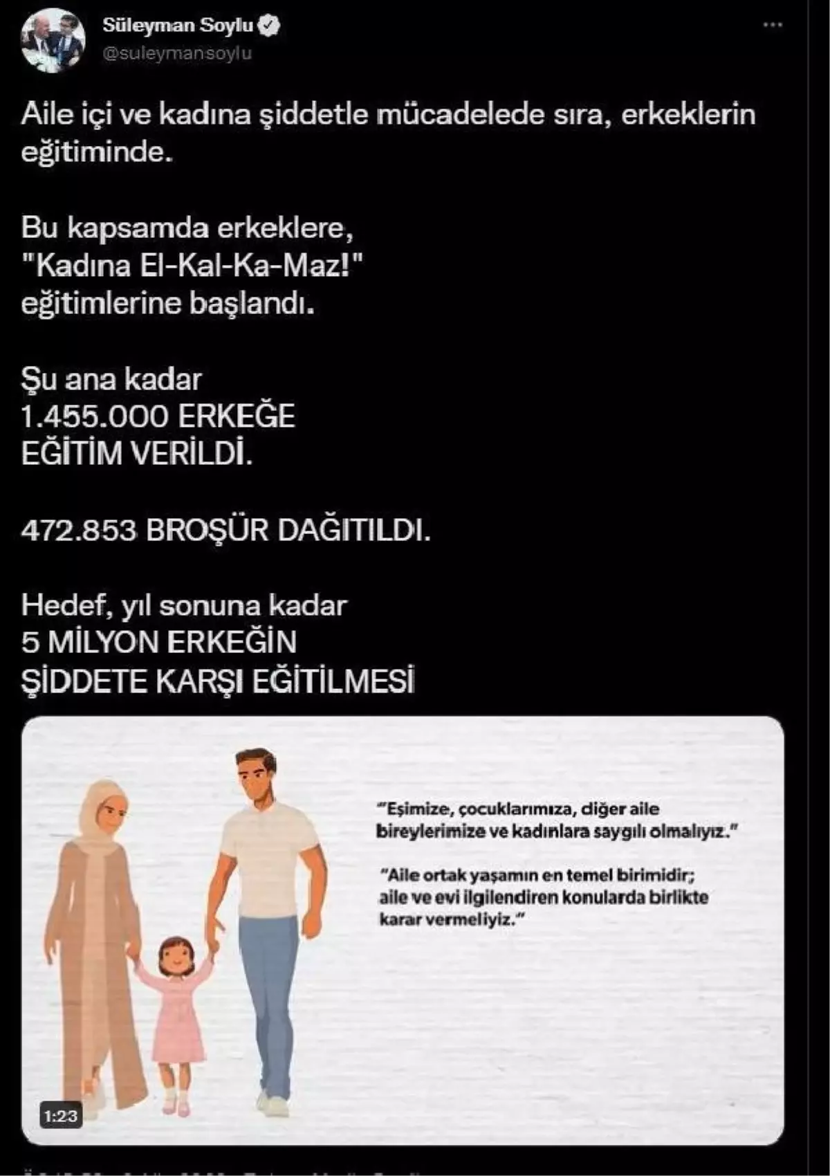 Bakan Soylu: 1 milyon 455 bin erkeğe kadına şiddetle mücadele eğitimi verildi