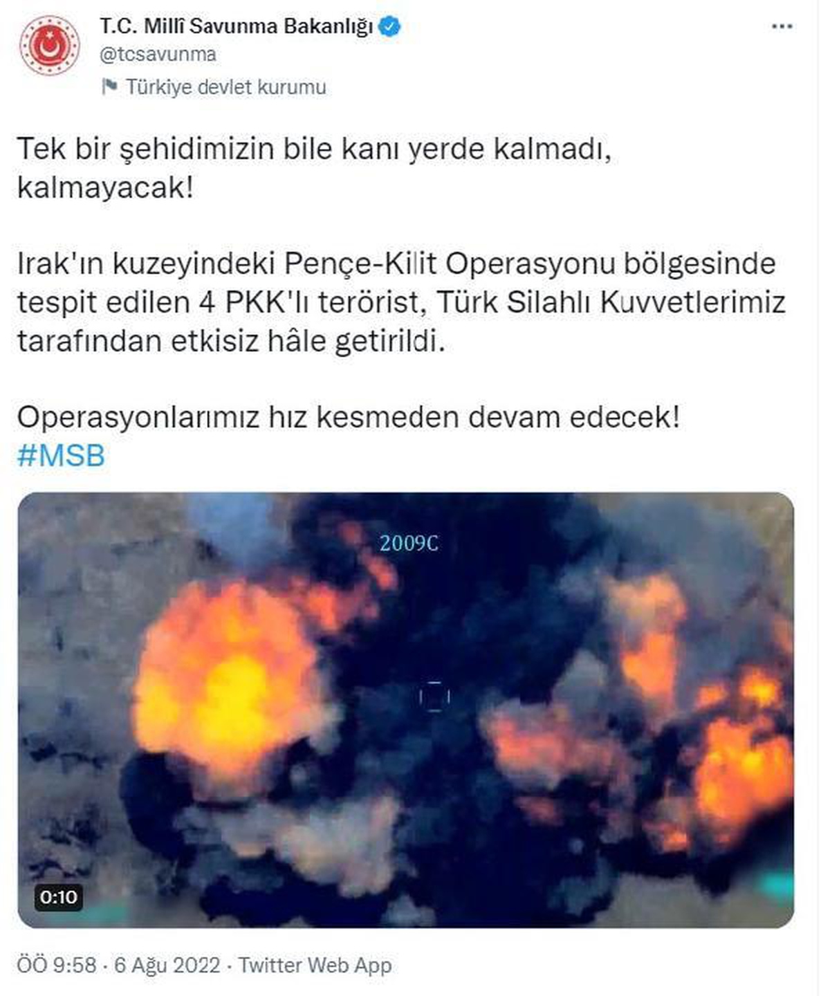 MSB: Irak\'ın kuzeyinde 4 PKK\'lı etkisiz hale getirildi