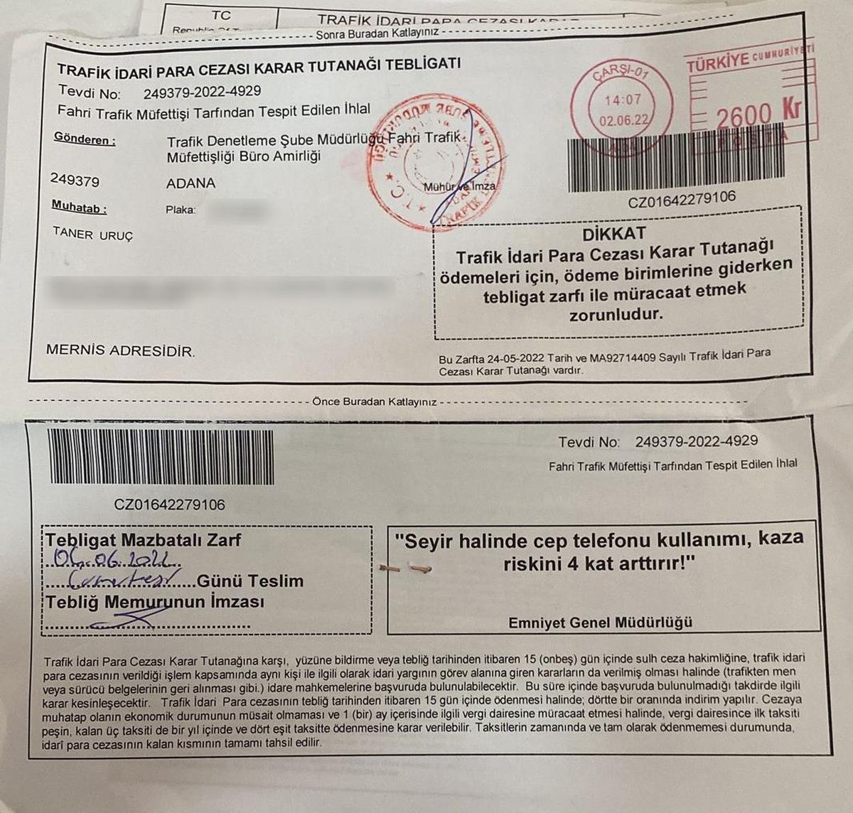 Adana\'da fahri trafik müfettişinin yazdığı ceza delil olmadığı gerekçesiyle iptal edildi