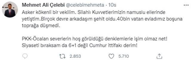 CHP'den istifa eden Mehmet Ali Çelebi'den dikkat çeken çıkış: 6+1 değil, Cumhur İttifakı derim CHP'den istifa eden Mehmet Ali Çelebi'den dikkat çeken çıkış: 6+1 değil, Cumhur İttifakı derim