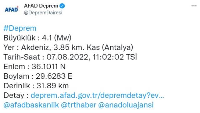 Son Dakika: Antalya'da 4.1 büyüklüğünde deprem! Çevre illerden de hissedildi Son Dakika: Antalya'da 4.1 büyüklüğünde deprem! Çevre illerden de hissedildi