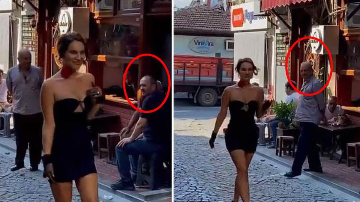 Kahvedeki vatandaşların Beyoğlu\'nda yürüyen güzel mankene bakışları dikkat çekti
