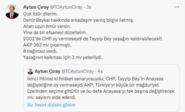 İYİ Parti Genel Başkan Başdanışmanı Aytun Çıray, 'Deniz Baykal öldü' mesajını silip özür diledi