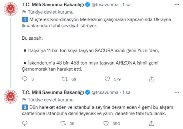 MSB duyurdu! Tahıl taşıyan 2 gemi daha Ukrayna'dan hareket etti MSB duyurdu! Tahıl taşıyan 2 gemi daha Ukrayna'dan hareket etti