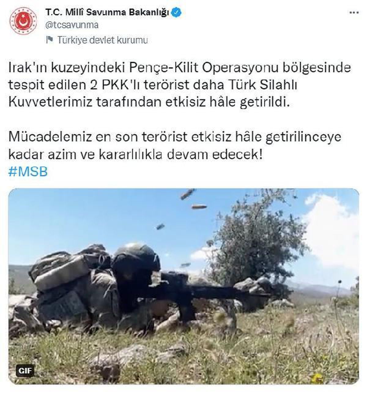 MSB: Pençe-Kilit bölgesinde 2 terörist etkisiz hale getirildi
