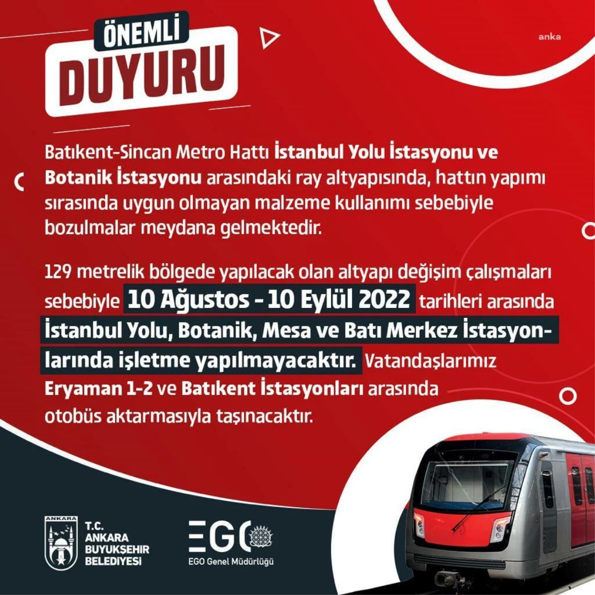 Abb Uyardı: Ankara Metrosu\'nda Altyapı Çalışması Yarın Başlıyor