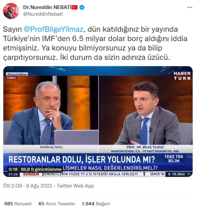 Bakan Nebati'den 'Türkiye IMF'den 6,5 milyar dolar borç aldı' diyen İYİ Parti'li Yılmaz'a tepki: Ya konuyu bilmiyorsunuz ya da bilip çarpıtıyorsunuz